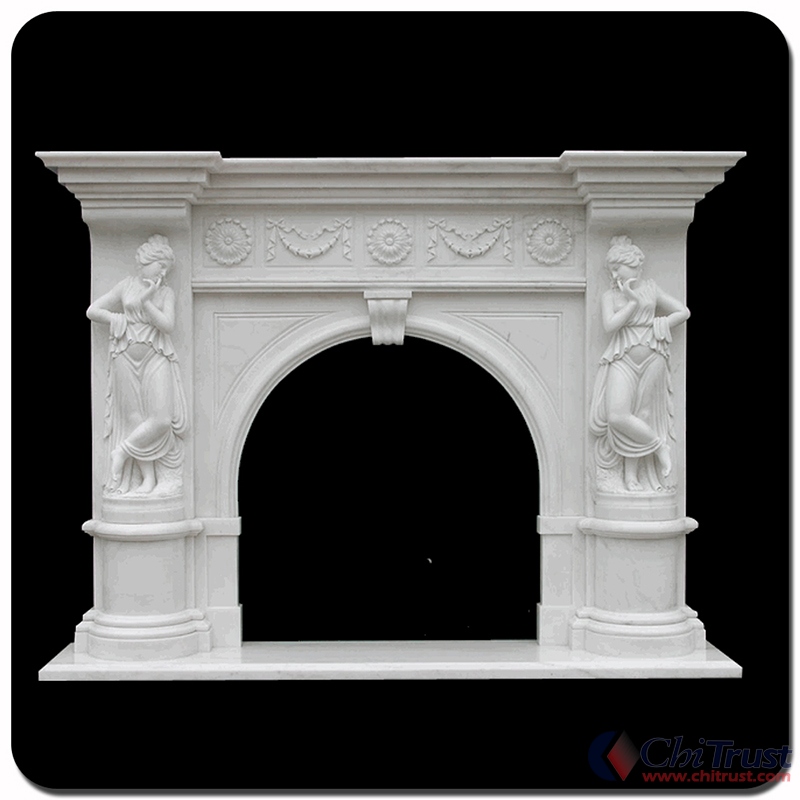 White marble stone fireplace mantel